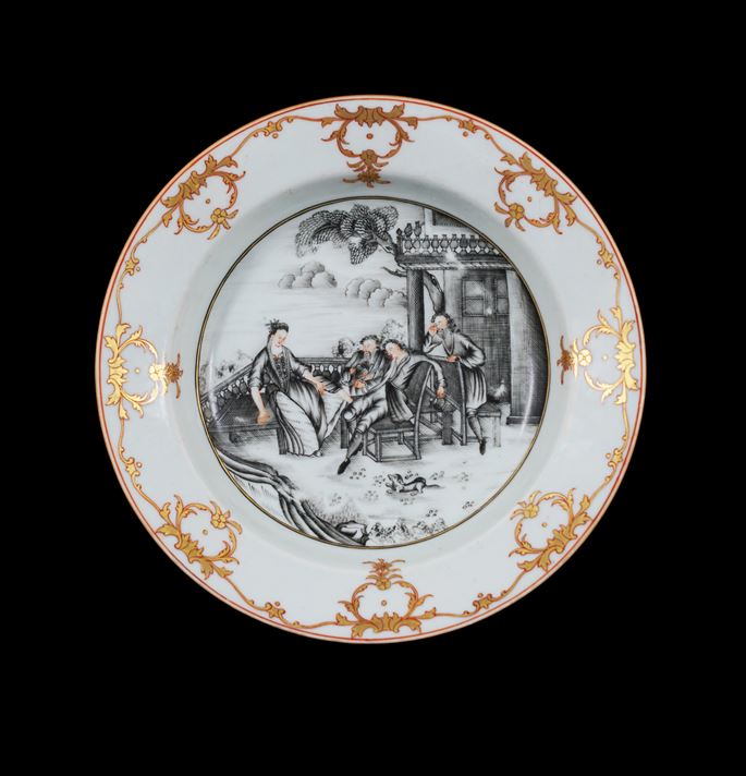 Chinese export porcelain plate painted en grisaille with a european subject tavern scene | MasterArt